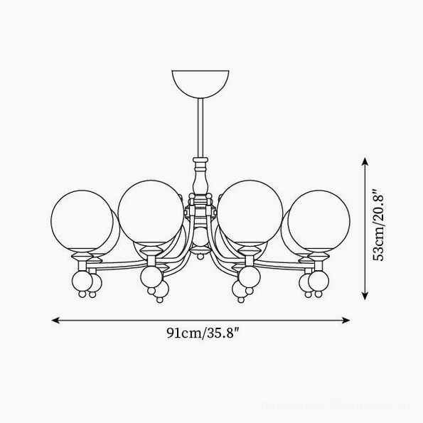 Technical orthographic line drawing of 8-head large retro globe chandelier - 91cm diameter specifications