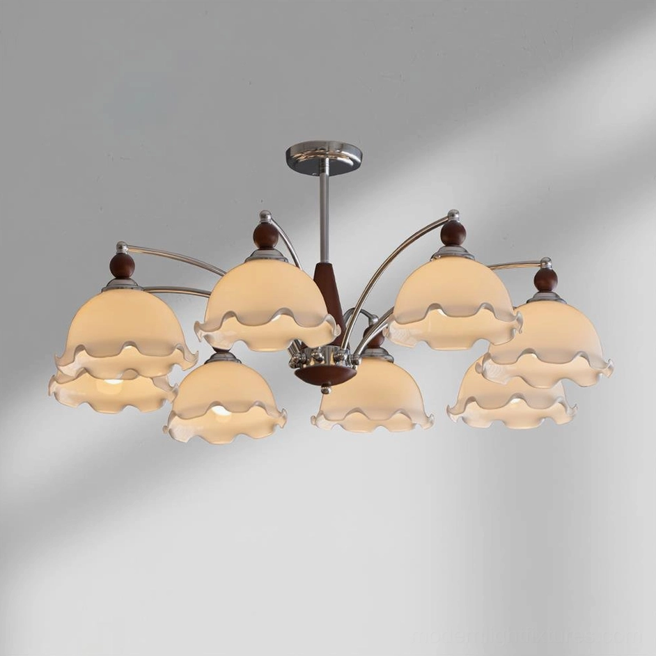 Large 8-head Claudia Floral Chandelier chrome walnut white glass complete view