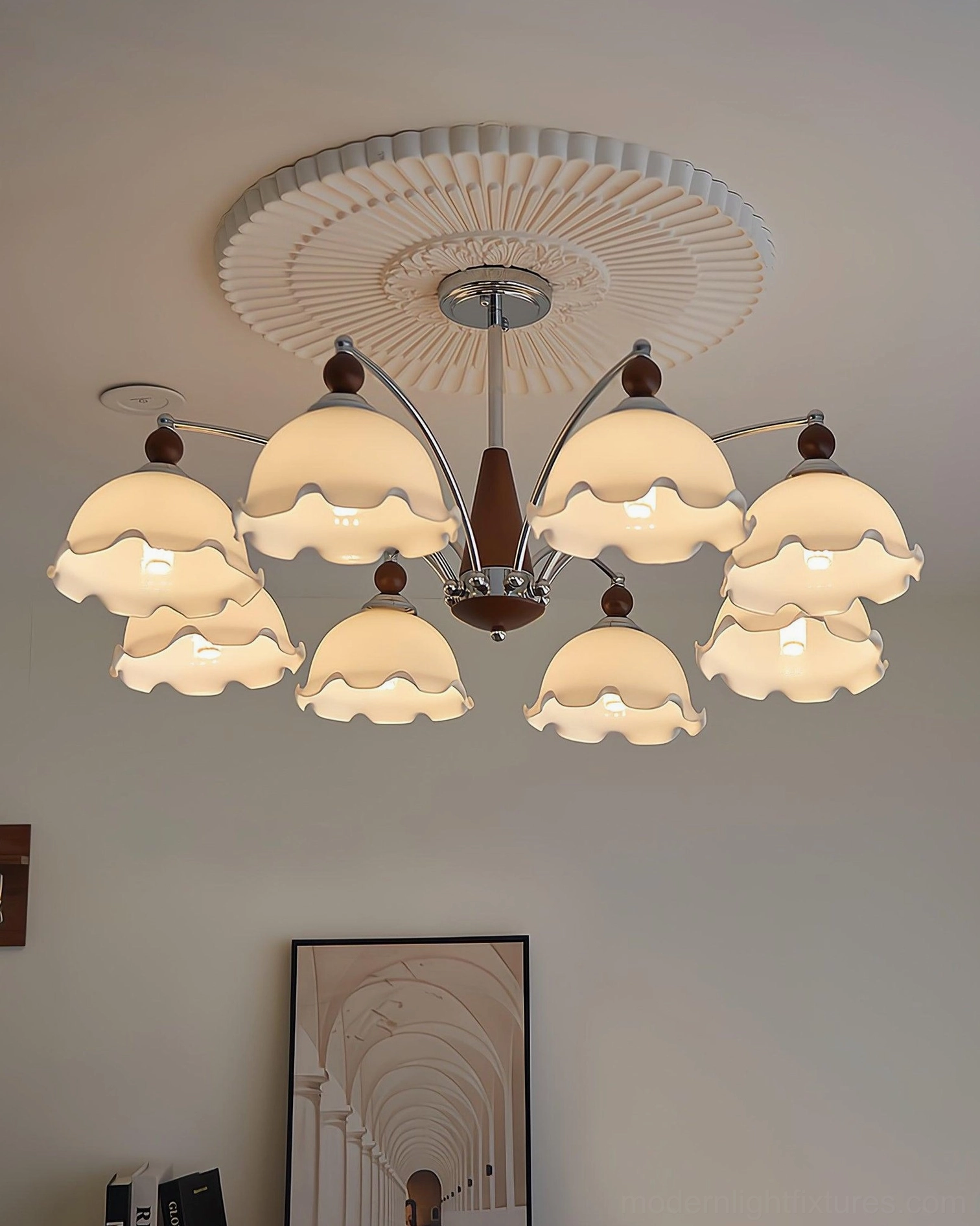 8-head Claudia Floral Glass Chandelier walnut wood chrome arms milk glass in residential living room
