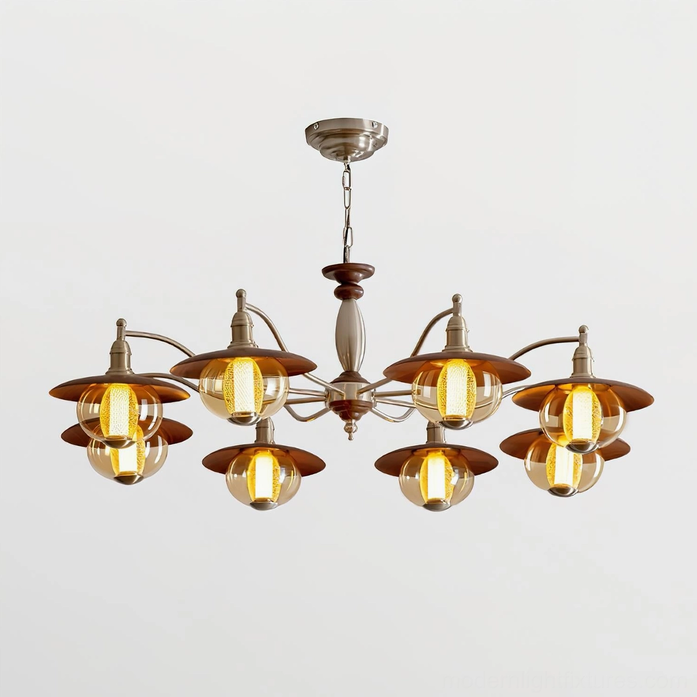 8-head coachlight globe chandelier 120cm width large scale rustic fixture - walnut and nickel finish variant