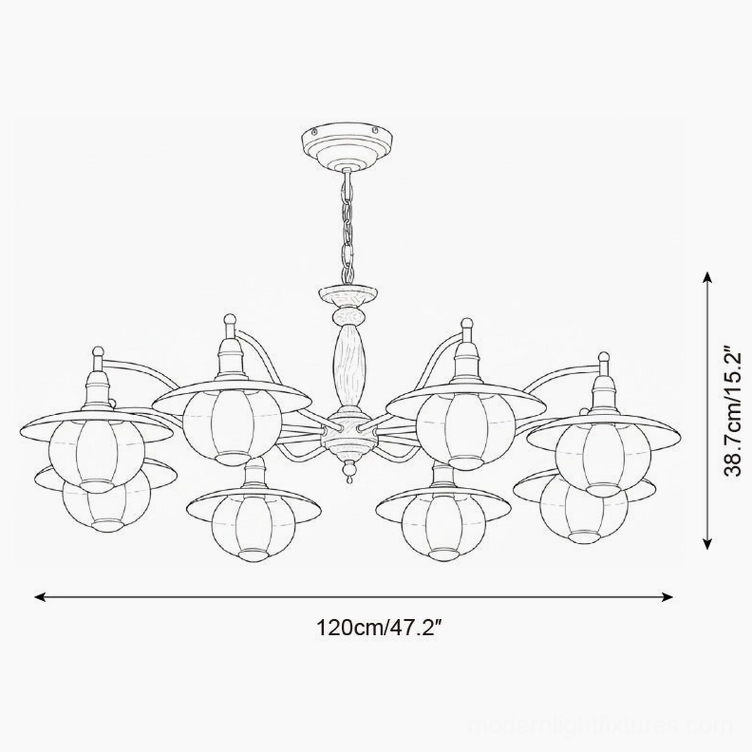 8-light coachlight globe chandelier technical schematic - orthographic dimension drawing showing 120cm width and 38.7cm height