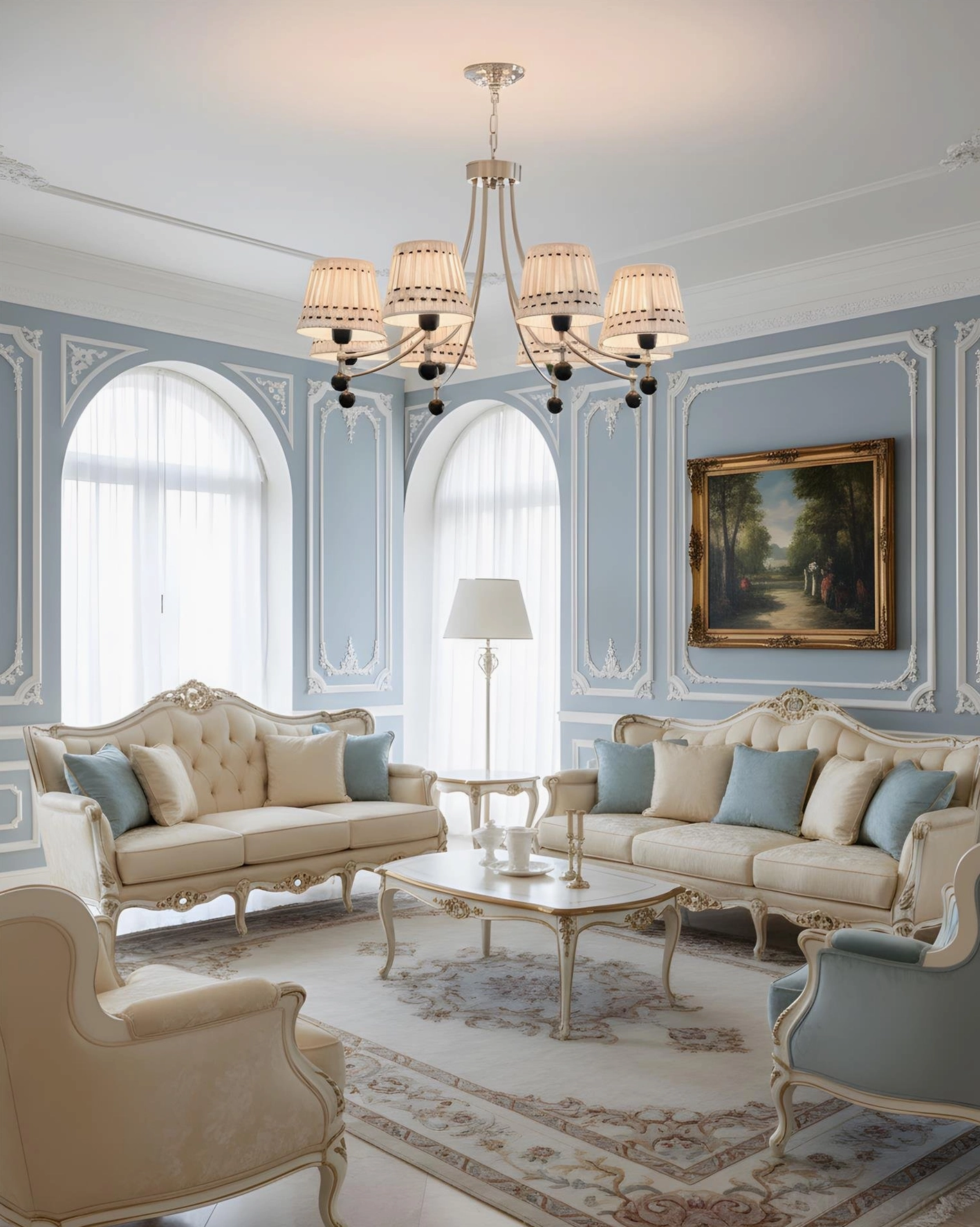 8-Head Woven Fabric Chandelier in Luxury Living Room with Blue Accent Walls and Tufted Sofas