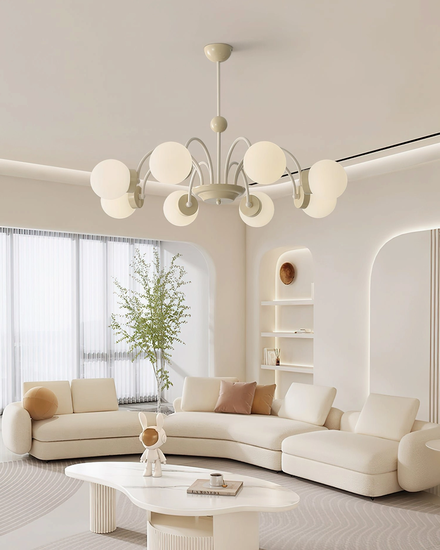 8-head frosted glass globe chandelier in cream modern living room with sectional sofa and minimalist decor
