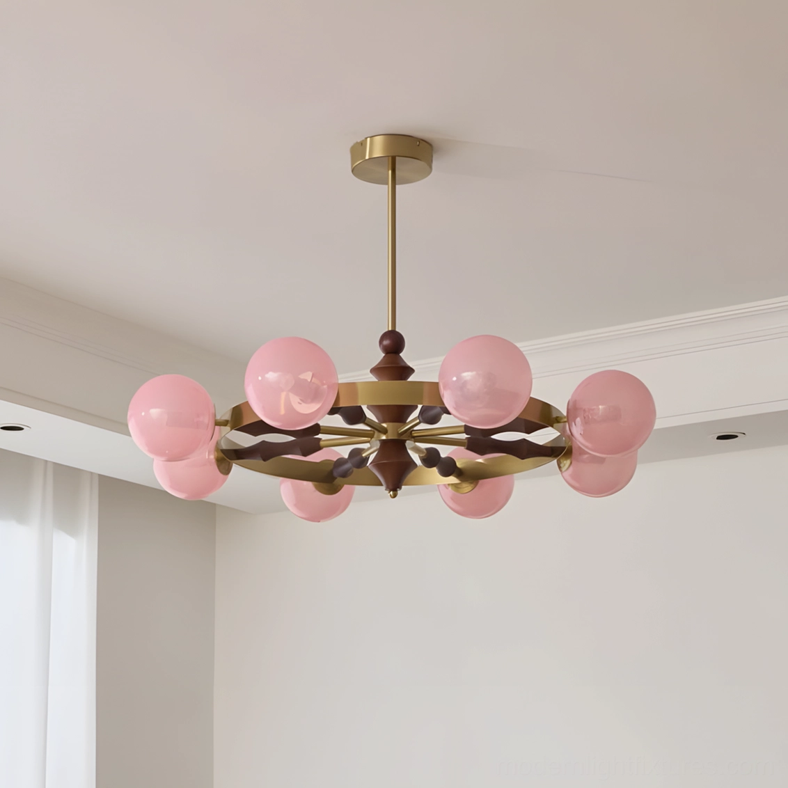 Gold and pink mid-century modern 8-head glass globe chandelier large format sculptural display
