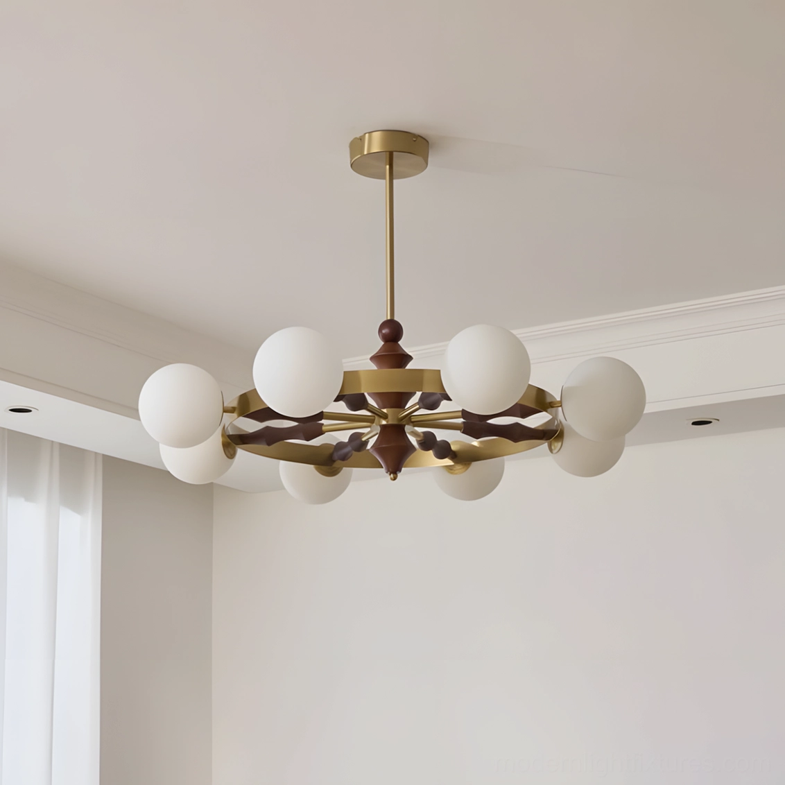 Gold and white mid-century modern 8-head glass globe chandelier large format dining installation