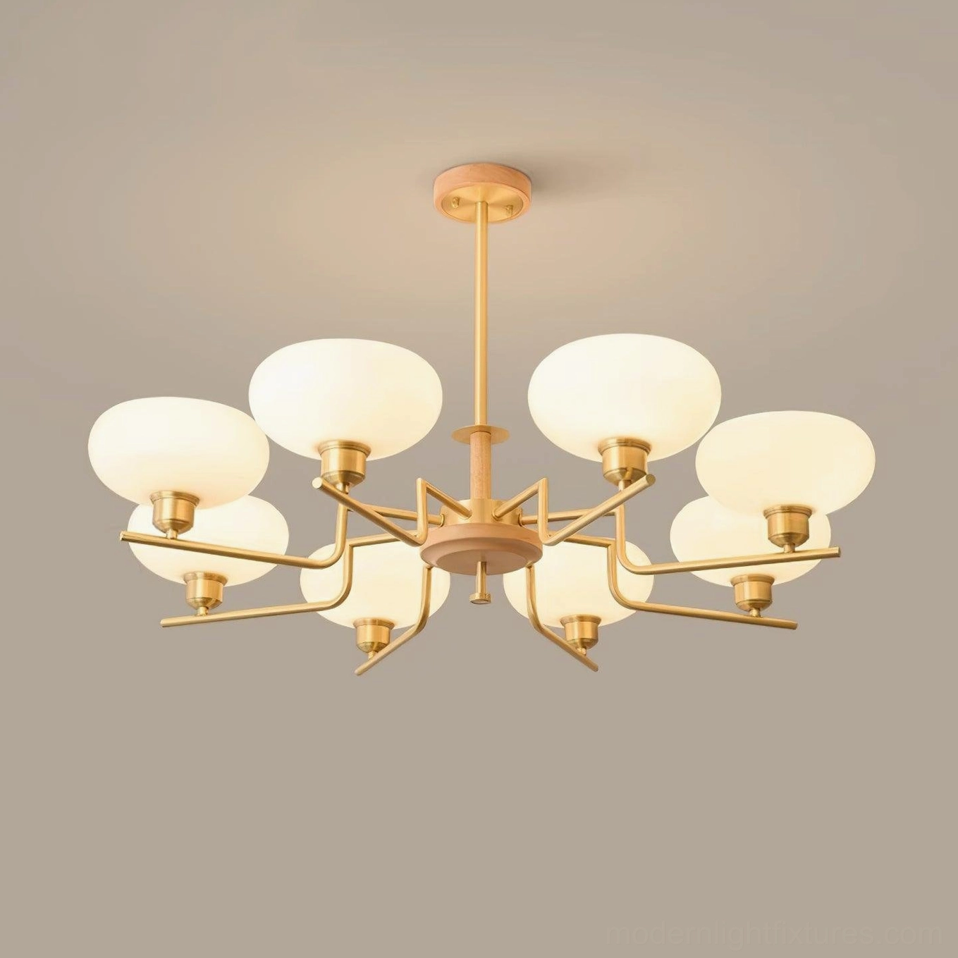 Large 8-head glass pendant chandelier with wood color and brass finish open concept living space installation