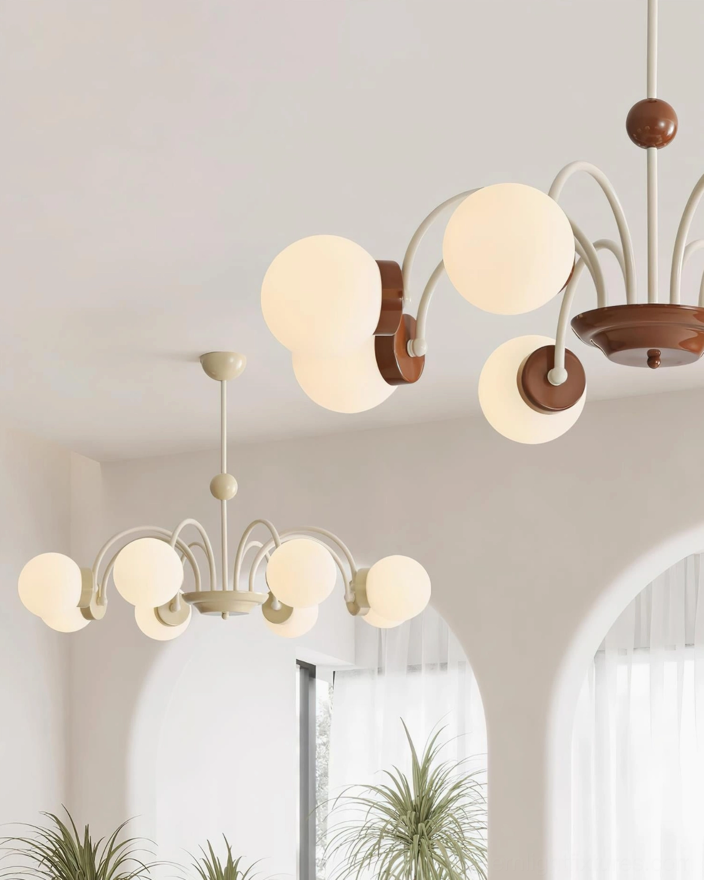 8-head globe chandelier detail shot, beige and white color finish with hanging rod