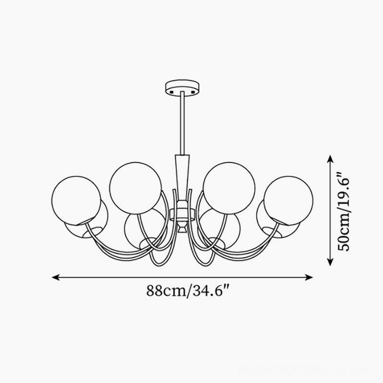 Technical schematic diagram of 8-head globe chandelier showing dimensions 88cm diameter by 50cm height (34.6" x 19.6")