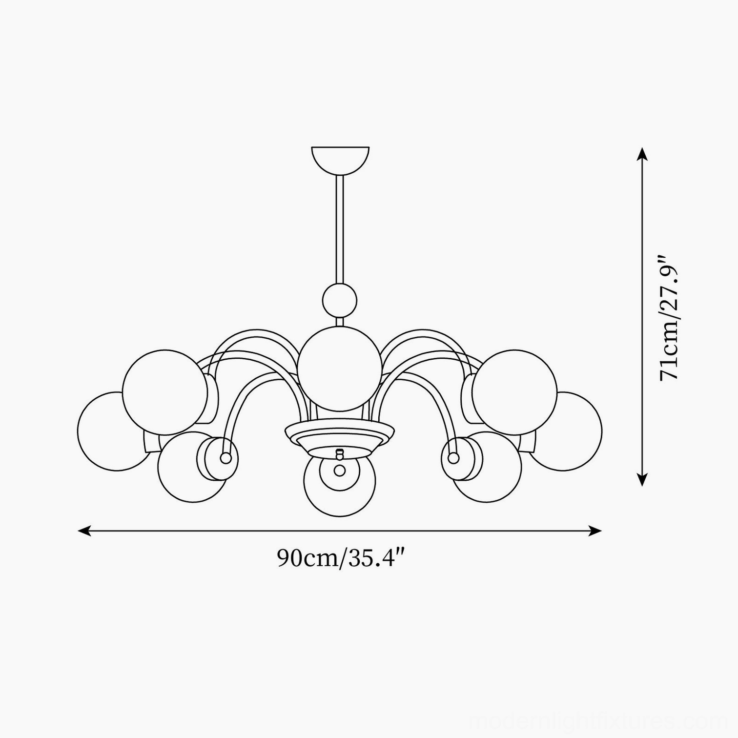 8-head glass sphere chandelier technical line drawing, 90cm diameter, 71cm height specifications