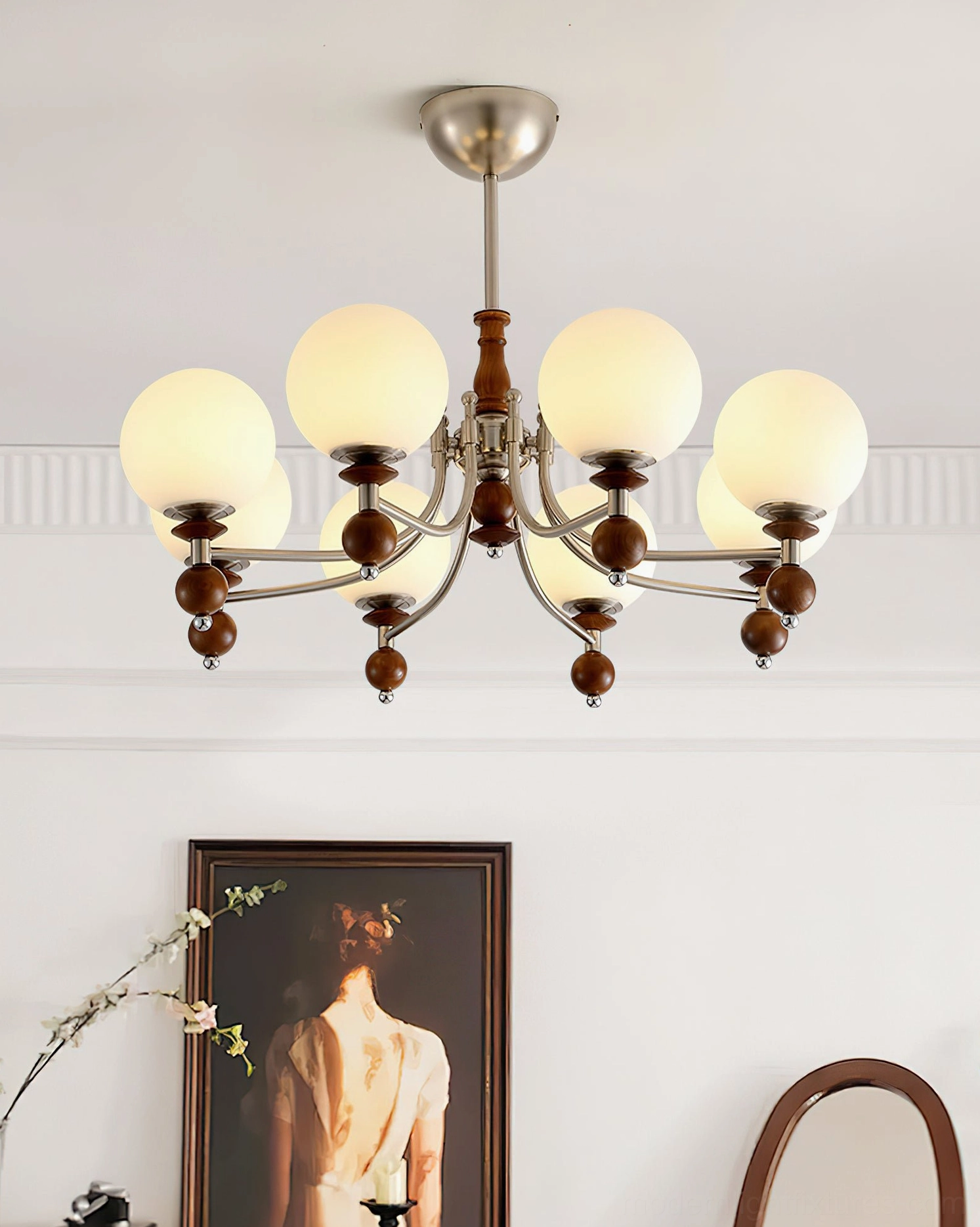 8-head wood-accented globe chandelier with frosted glass shades and nickel canopy - mid-century retro design