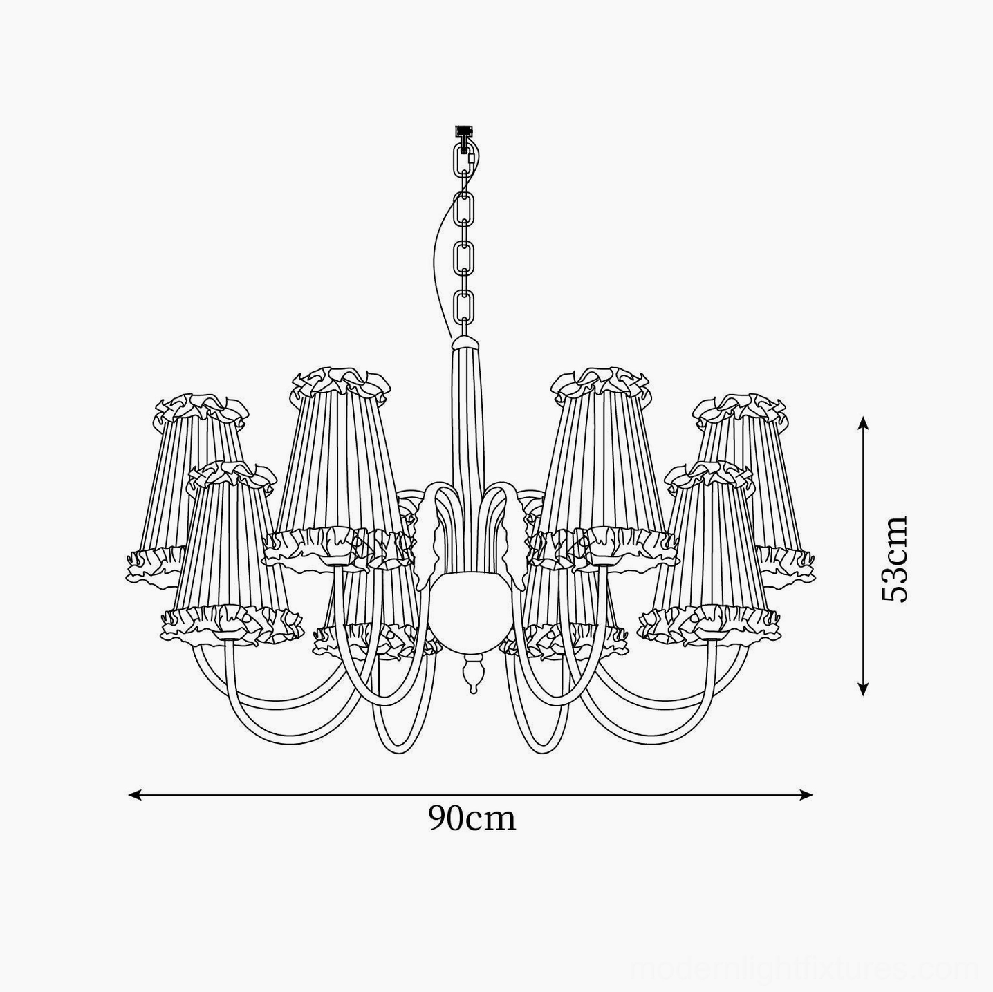 8-head vintage gold chandelier technical drawing 90cm height specifications