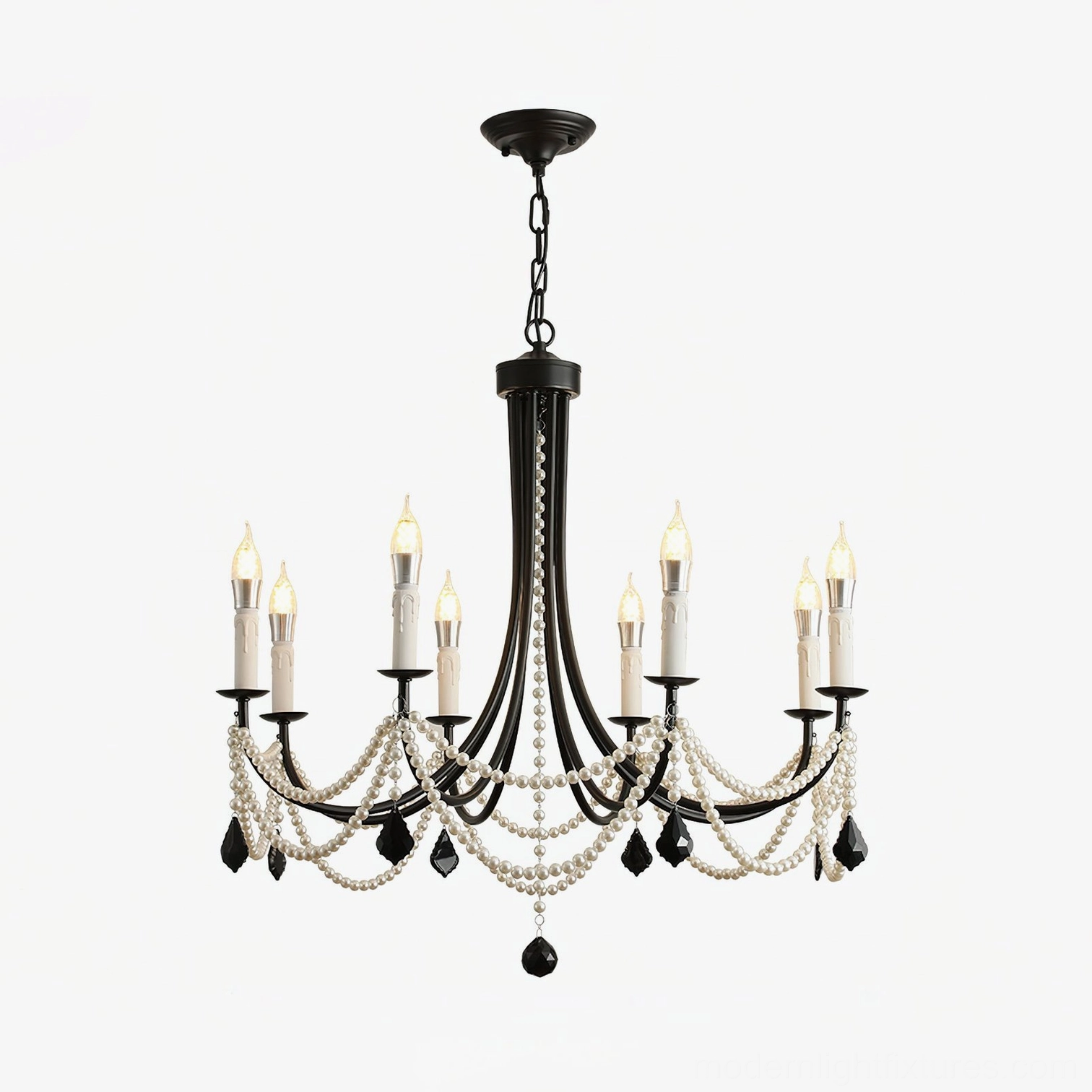 8-head large black pearl crystal chandelier in contemporary interior with modern ceiling and wall styling