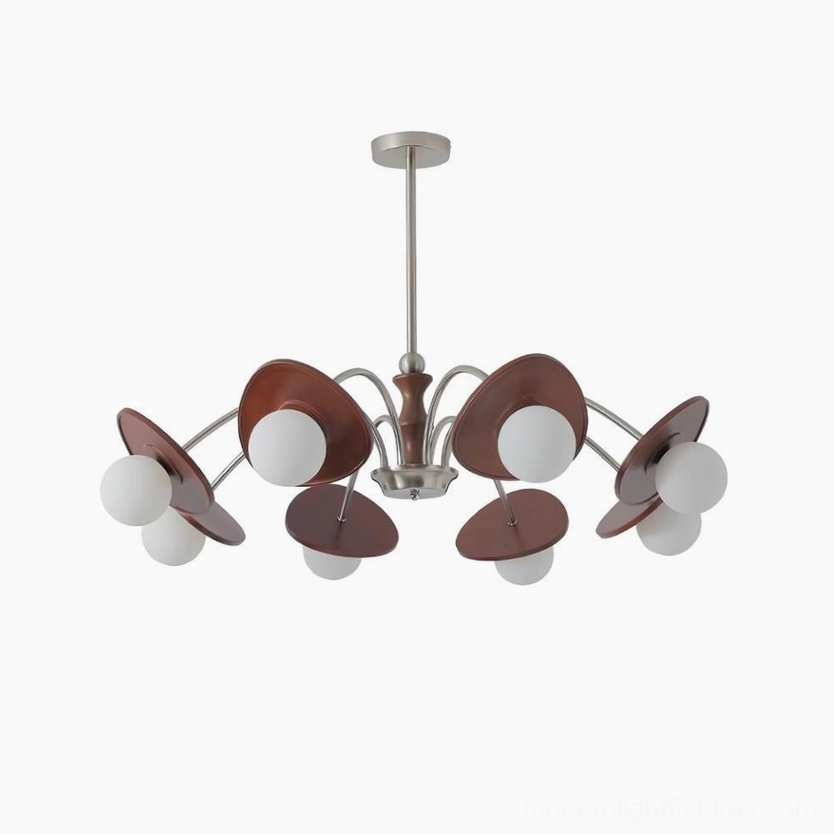 Large 8-head mid-century modern sputnik chandelier with 37 inch diameter and nickel walnut wood accents