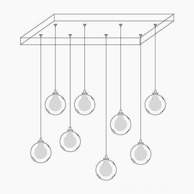 8-head long canopy glass globe cluster chandelier with extended configuration for wide interior spaces