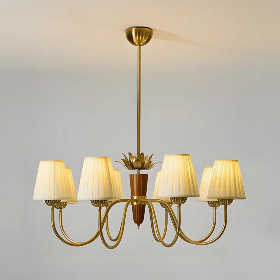 8-head mid-century modern chandelier with copper finish and pleated fabric shades, full frontal studio view