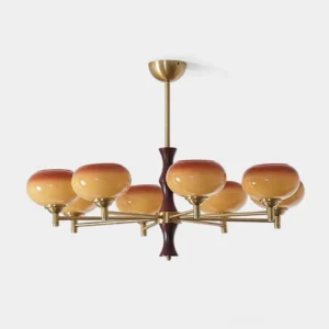 8-head mid-century modern vintage chandelier with gradient amber-brown glass shades, brass arms, and dark wood central post - overhead front view