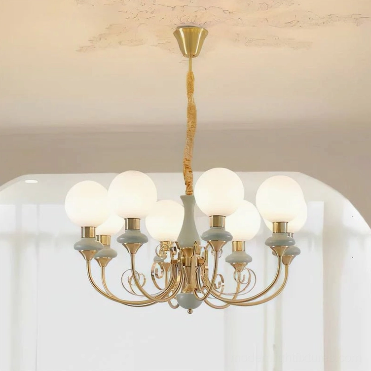 8-head modern glass chandelier large statement piece, frosted white spheres