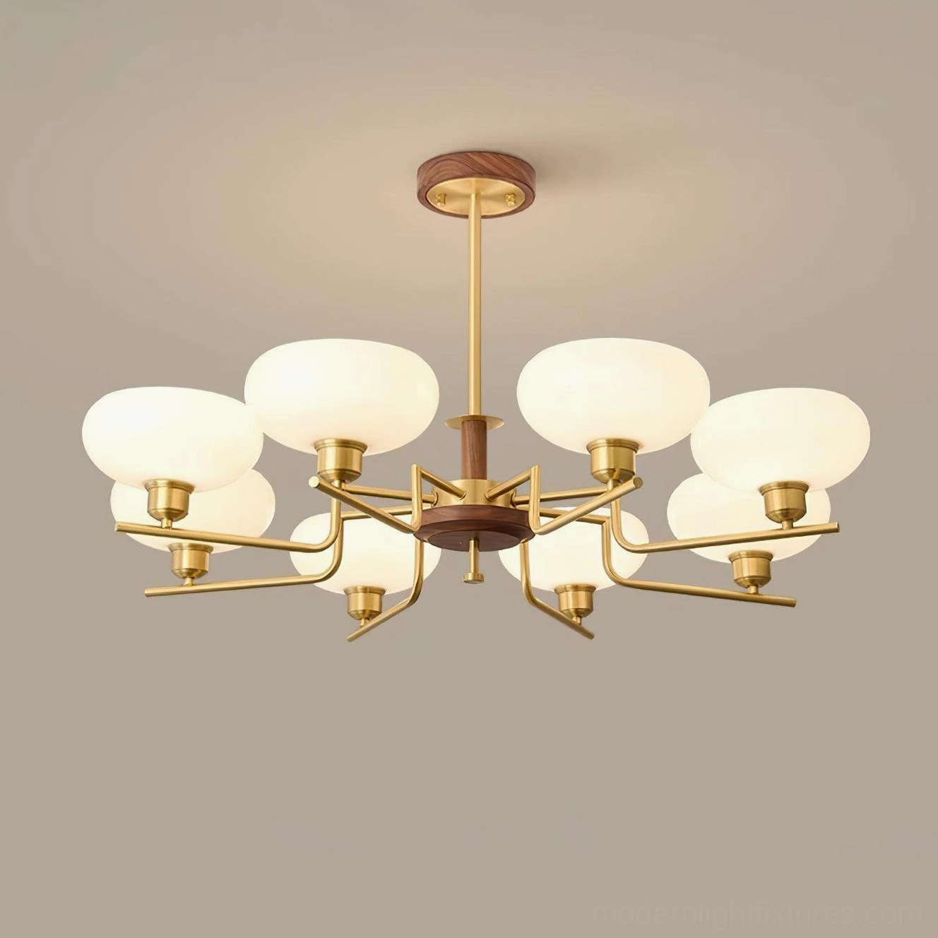 8-head modern glass pendant chandelier walnut wood brass frame grand dining room architectural lighting statement