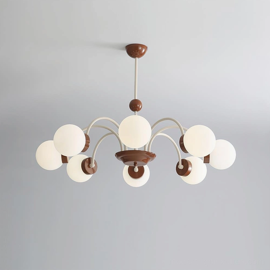 8-head red-brown and white globe chandelier, multi-sphere pendant light installation