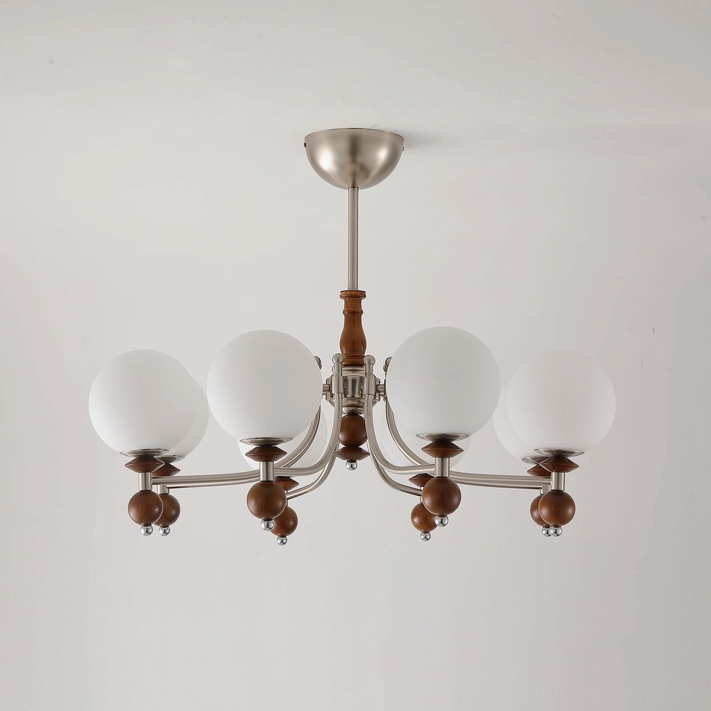 8-head retro globe chandelier with nickel and walnut color finish - mid-century modern pendant light