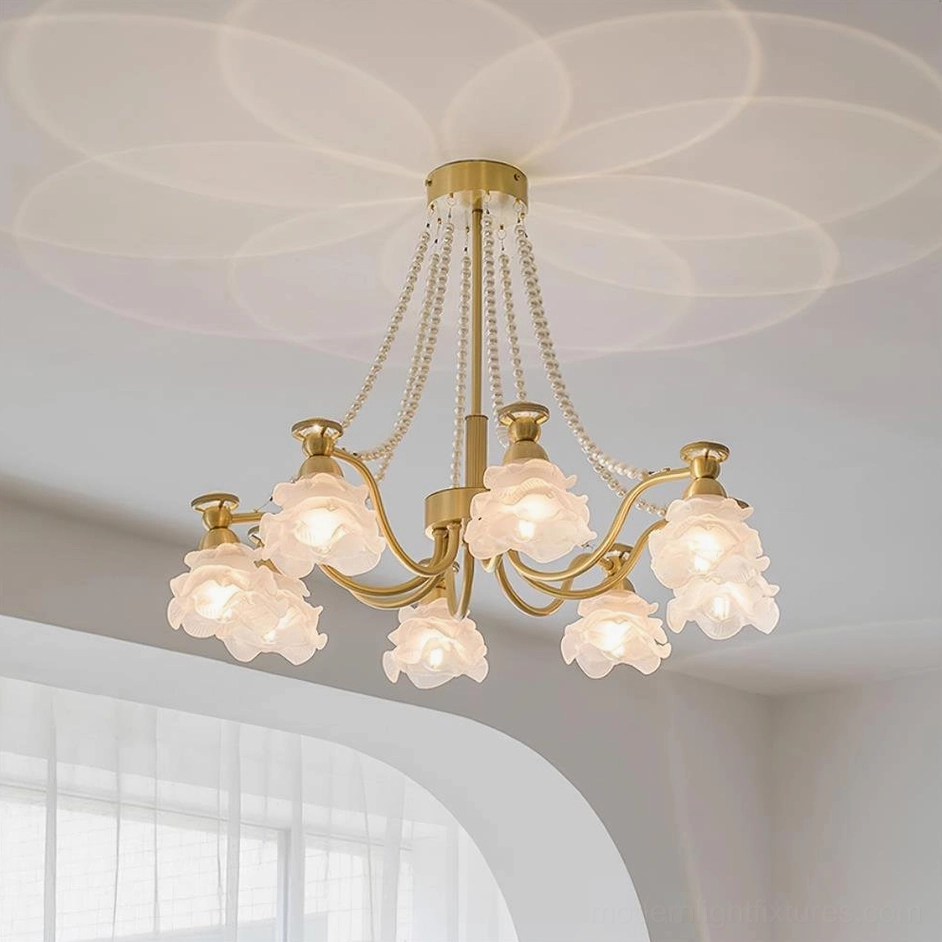 8-head rose glass chandelier - medium floral fixture for standard dining and living rooms