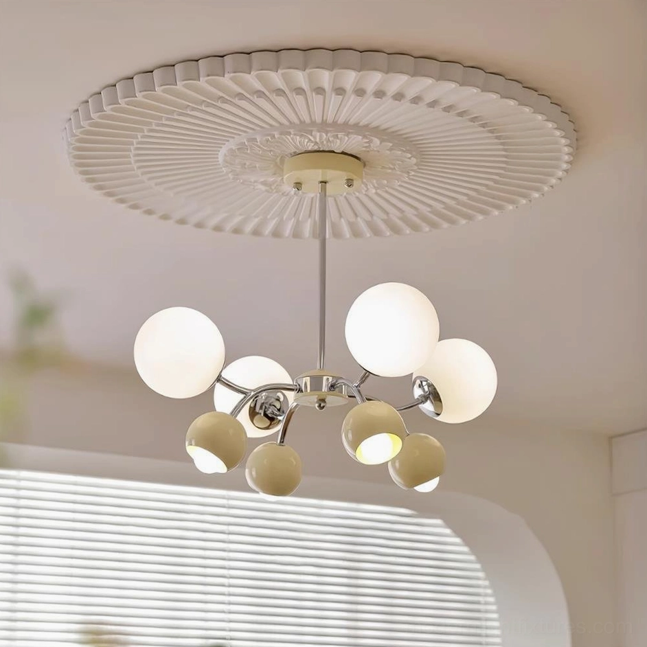 8-head Sputnik chandelier in beige and white color, compact modern pendant light fixture