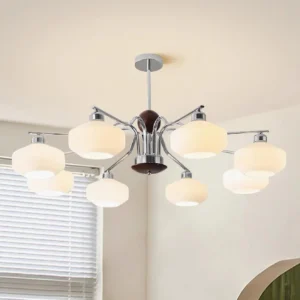 8-light mid-century sputnik chandelier in bright room with polished chrome and dark wood details