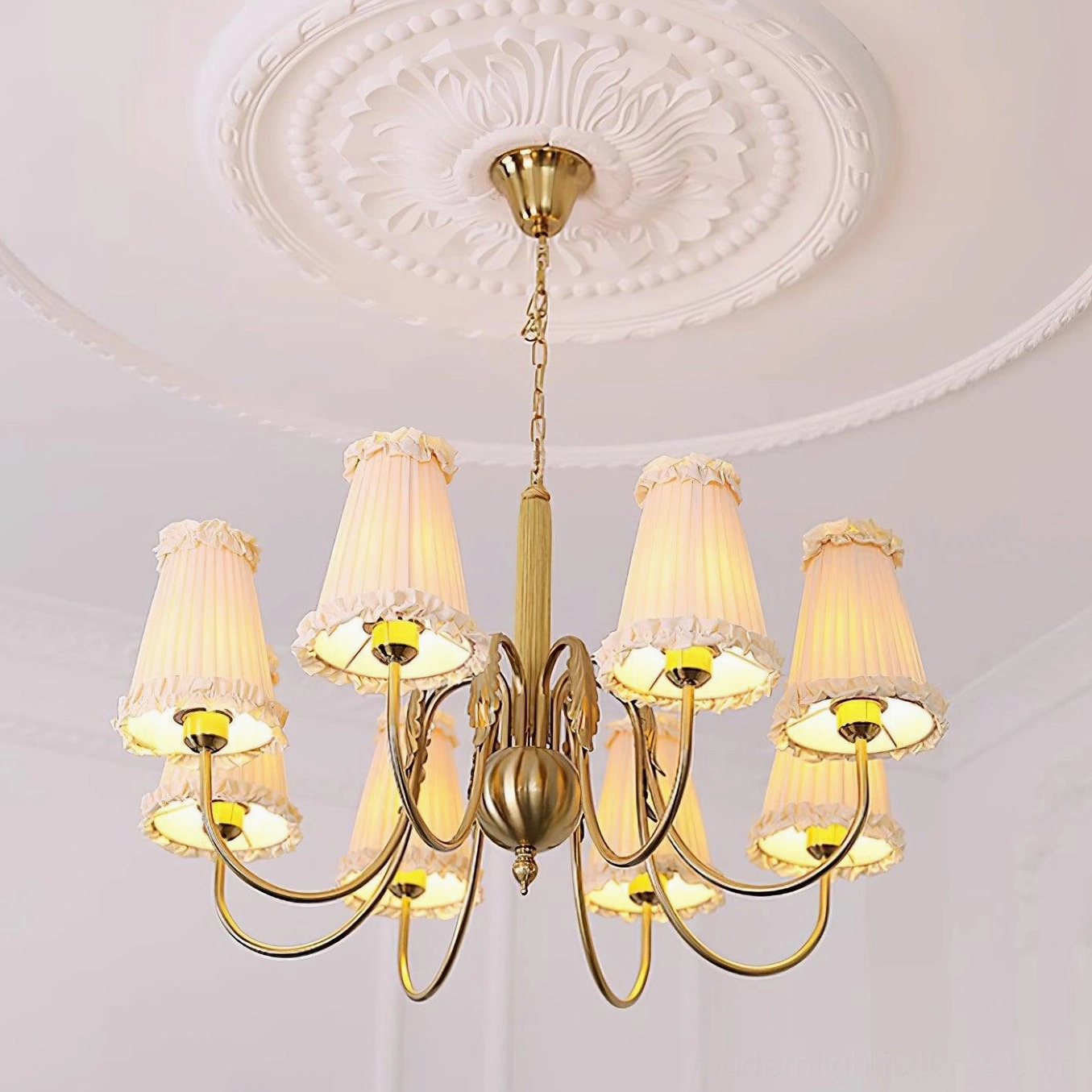 8-head vintage gold multi-arm chandelier beige pleated shades
