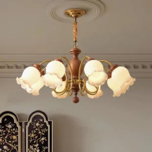8-head vintage wood chandelier installed in colonial retro living room ceiling with warm ambient lighting