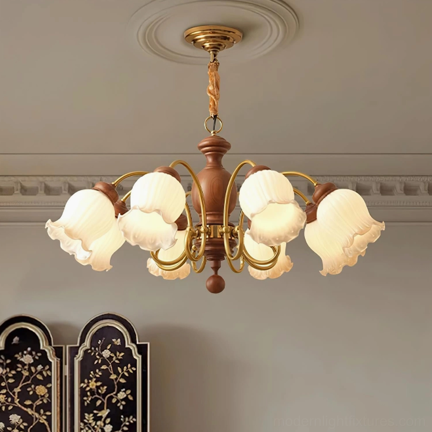 8-head vintage wood chandelier installed in colonial retro living room ceiling with warm ambient lighting