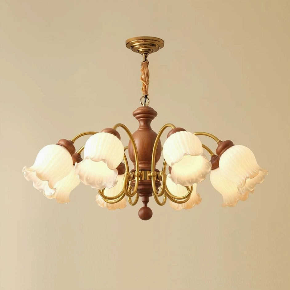 8-head vintage lily of the valley wood chandelier walnut color and white finish - large diameter