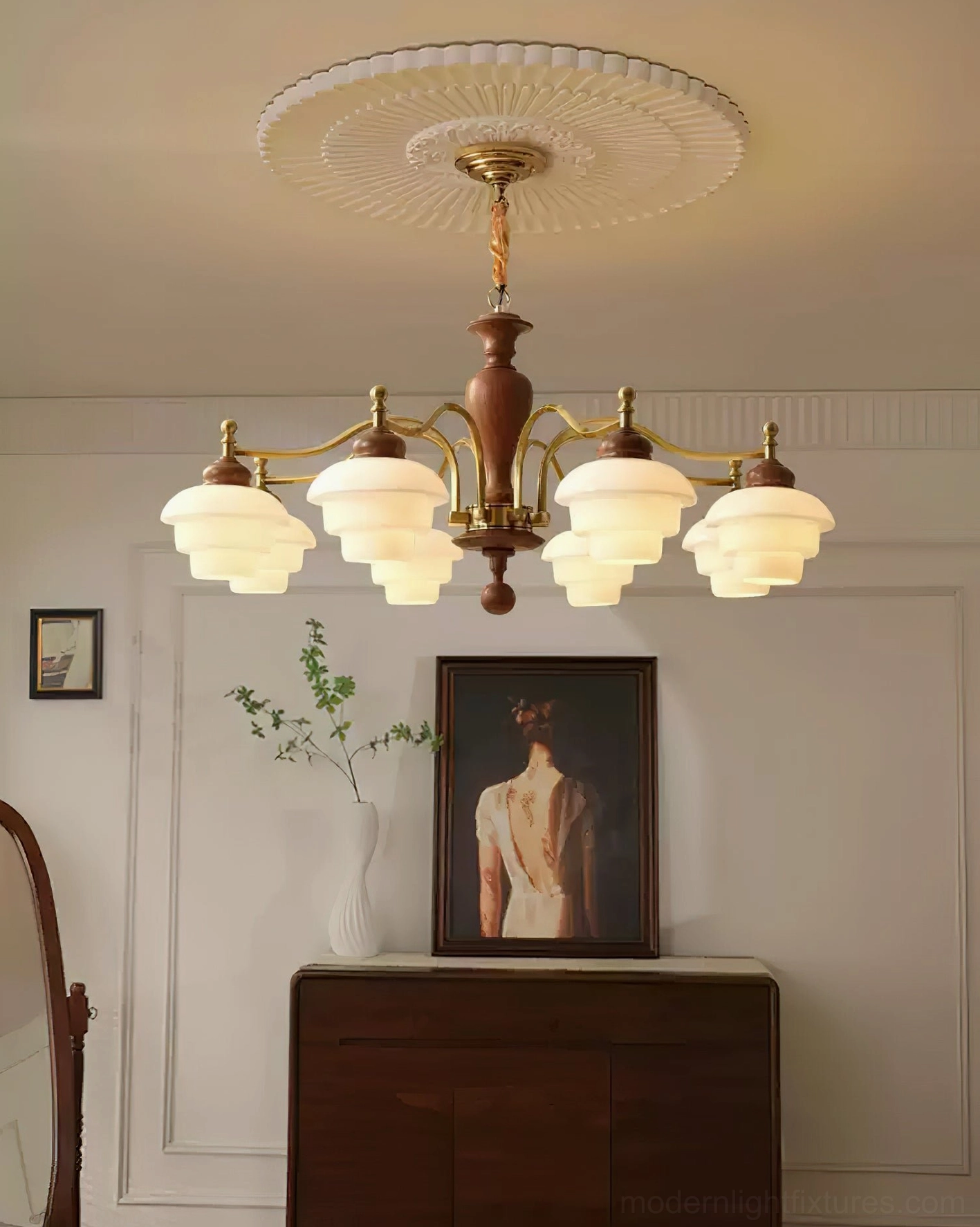 8-light vintage chandelier overhead eye-level view in formal living space - walnut wood frame with brass hardware and frosted glass lamp covers