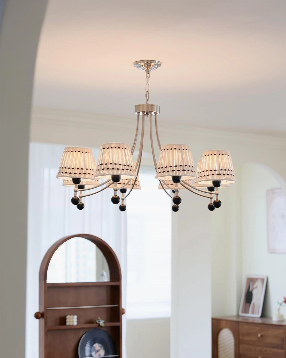 8-Light Fabric Chandelier in Residential Entryway with Brushed Nickel Frame - Side View