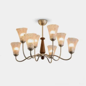 8-Light Mid-Century Modern Chandelier with Brushed Nickel Arms, Walnut Wood Center, and Fluted Clear Glass Shades - Front Product View