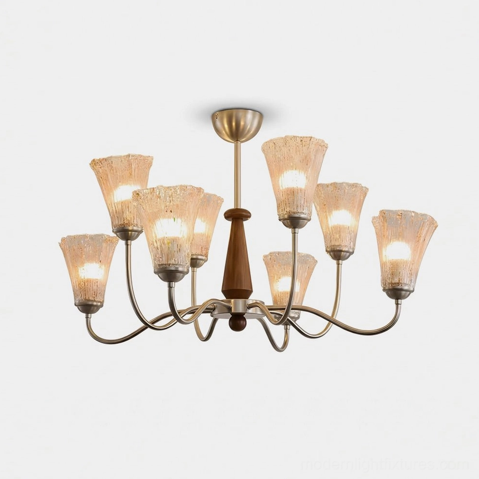 8-Light Mid-Century Modern Chandelier with Brushed Nickel Arms, Walnut Wood Center, and Fluted Clear Glass Shades - Front Product View