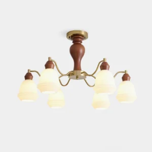 8-light modern wood and brass chandelier with frosted glass shades, studio front view