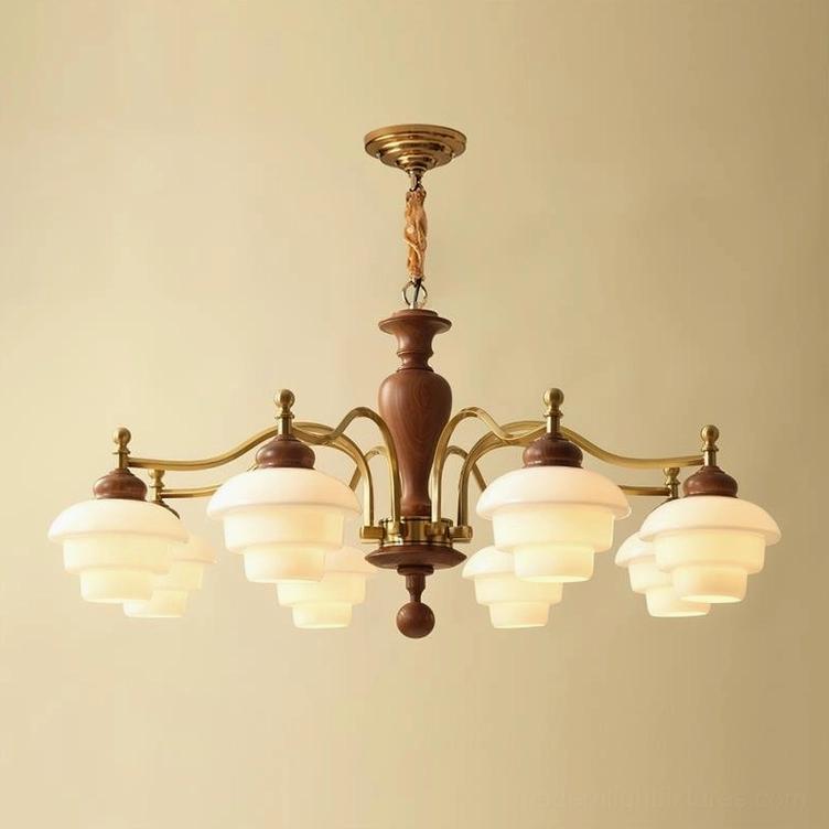 8-light vintage chandelier with gold and walnut wood finish - overhead ceiling view showing all light heads