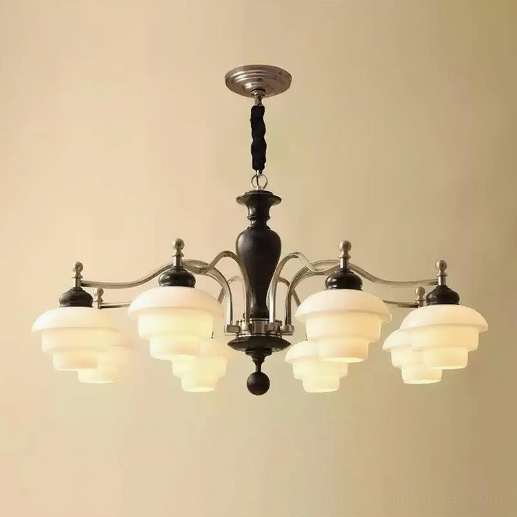 8-light vintage chandelier with nickel and black metal finish - overhead view showing brass accents and frosted glass distribution