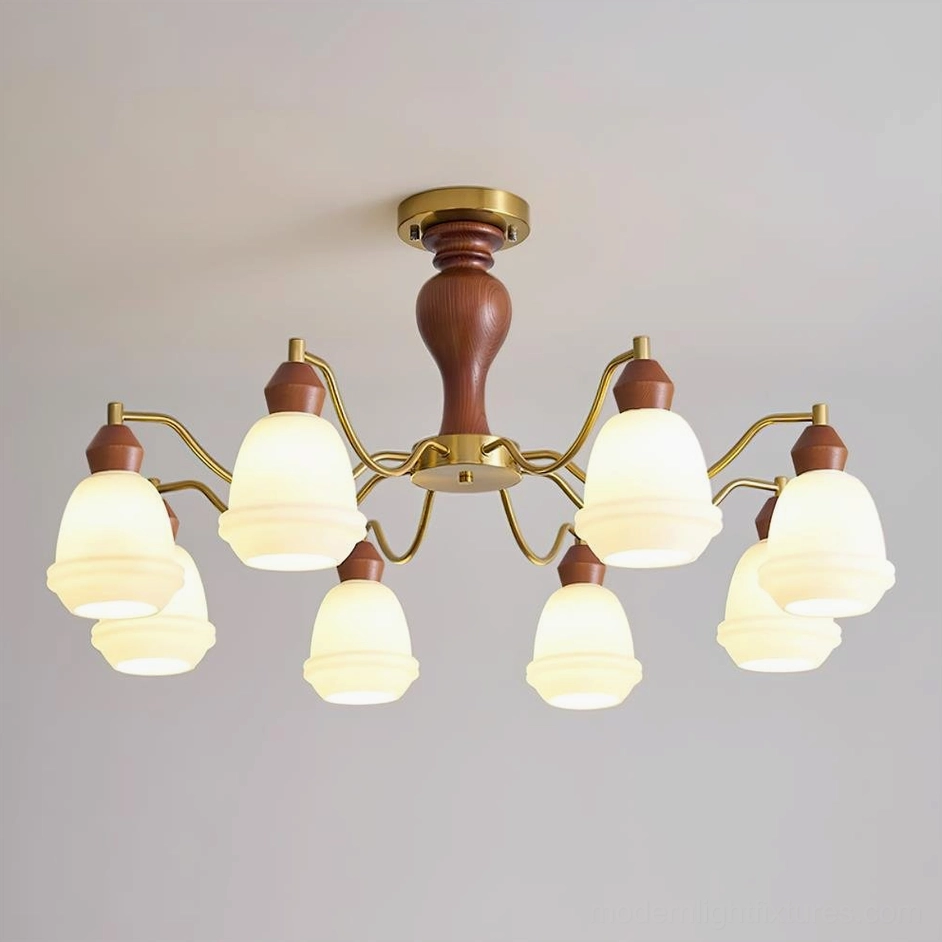 8-light modern wood and brass chandelier Walnut Color and White shade variant