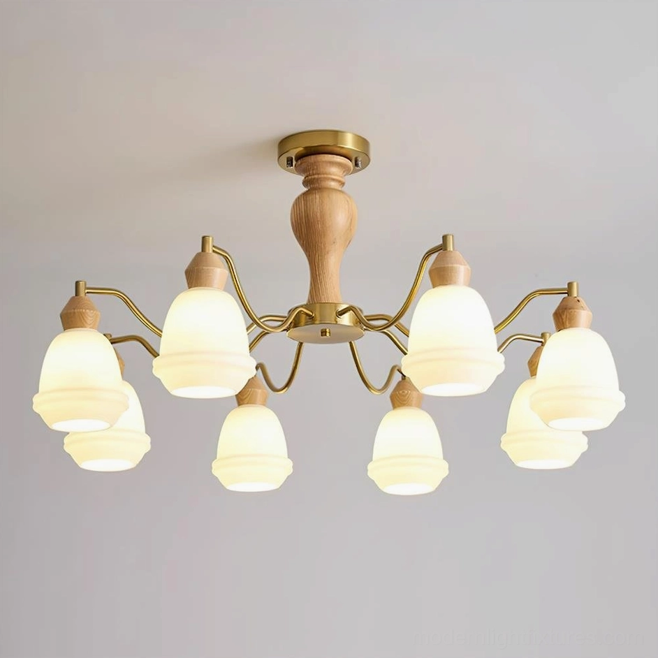 8-light modern wood and brass chandelier Wood Color and White shade variant
