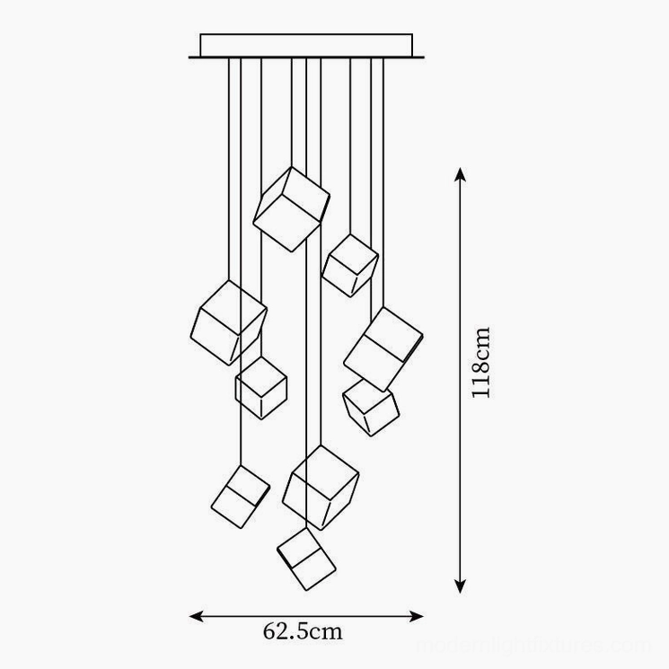 9-head geometric glass cube chandelier technical diagram 62.5cm width