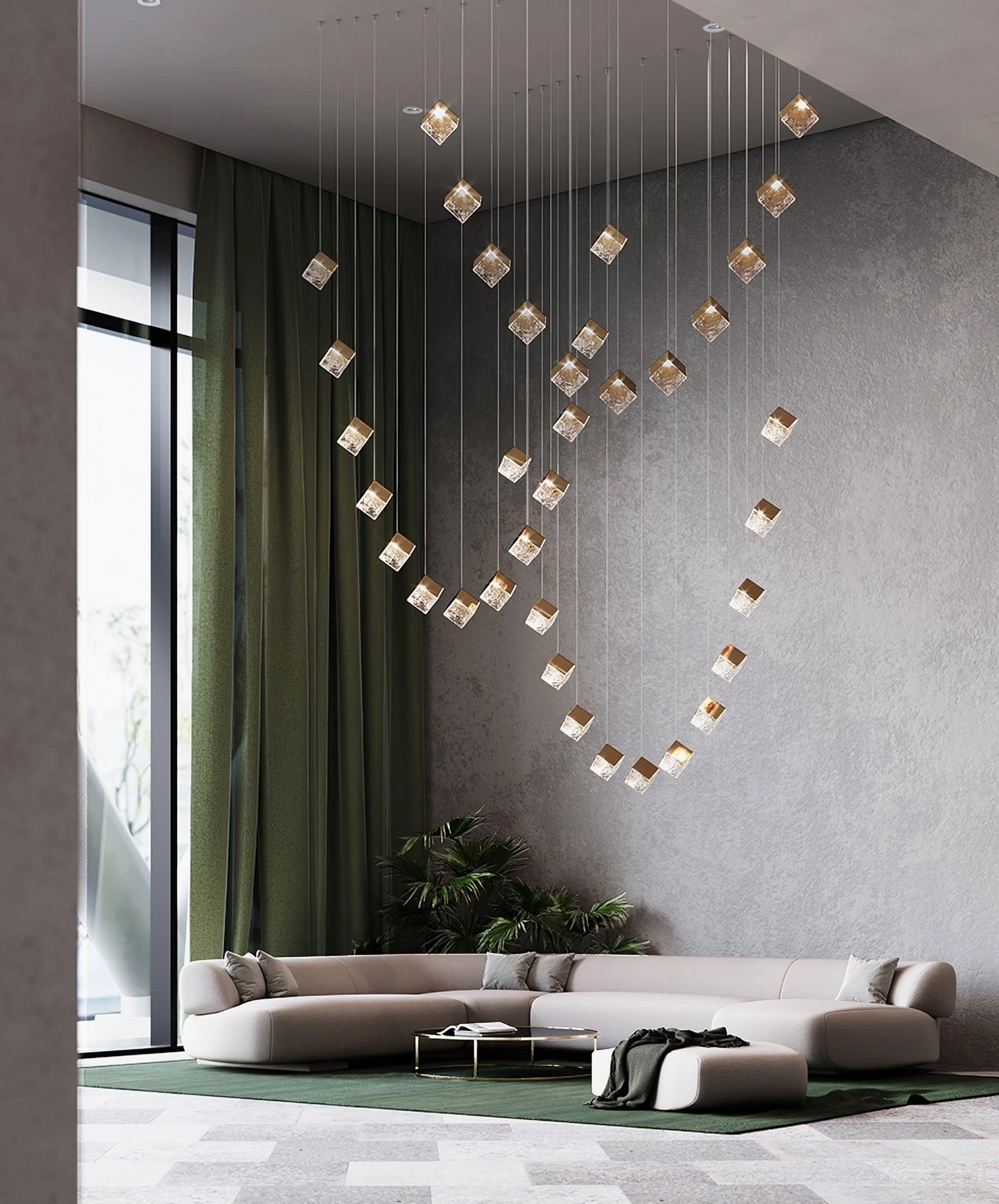 9-head cube pendant chandelier luxury residential foyer installation