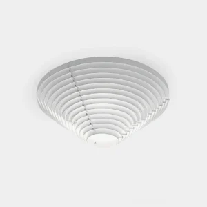 A662 modern slatted ceiling light fixture overhead view white metal conical design