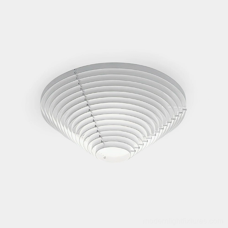 A662 modern slatted ceiling light fixture overhead view white metal conical design