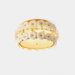Abella ceramic flowers flush mount ceiling light with gold frame and frosted glass diffuser, top-down view showing full flower cluster