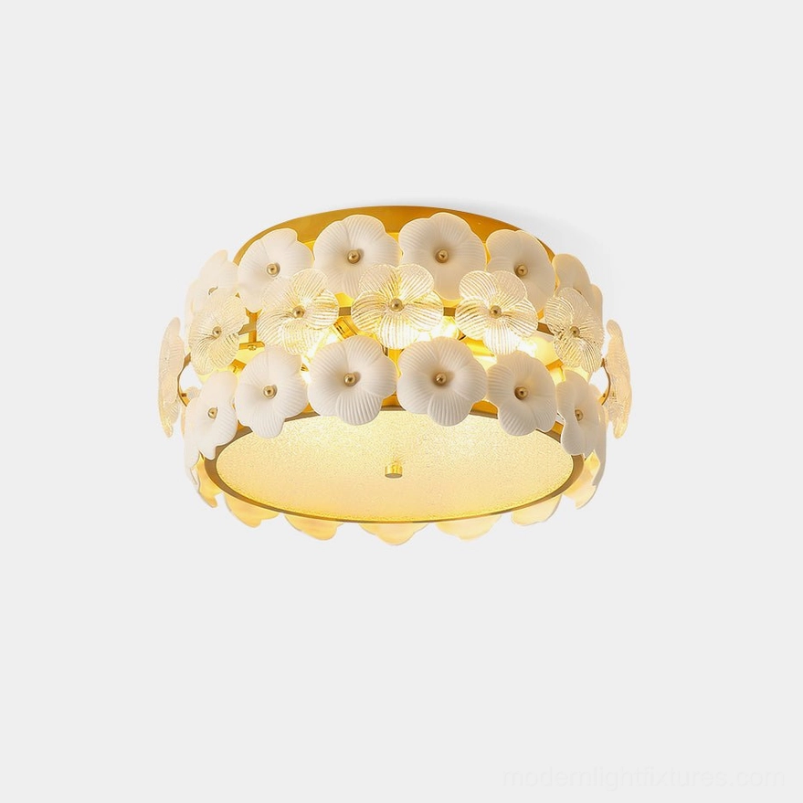 Abella ceramic flowers flush mount ceiling light with gold frame and frosted glass diffuser, top-down view showing full flower cluster