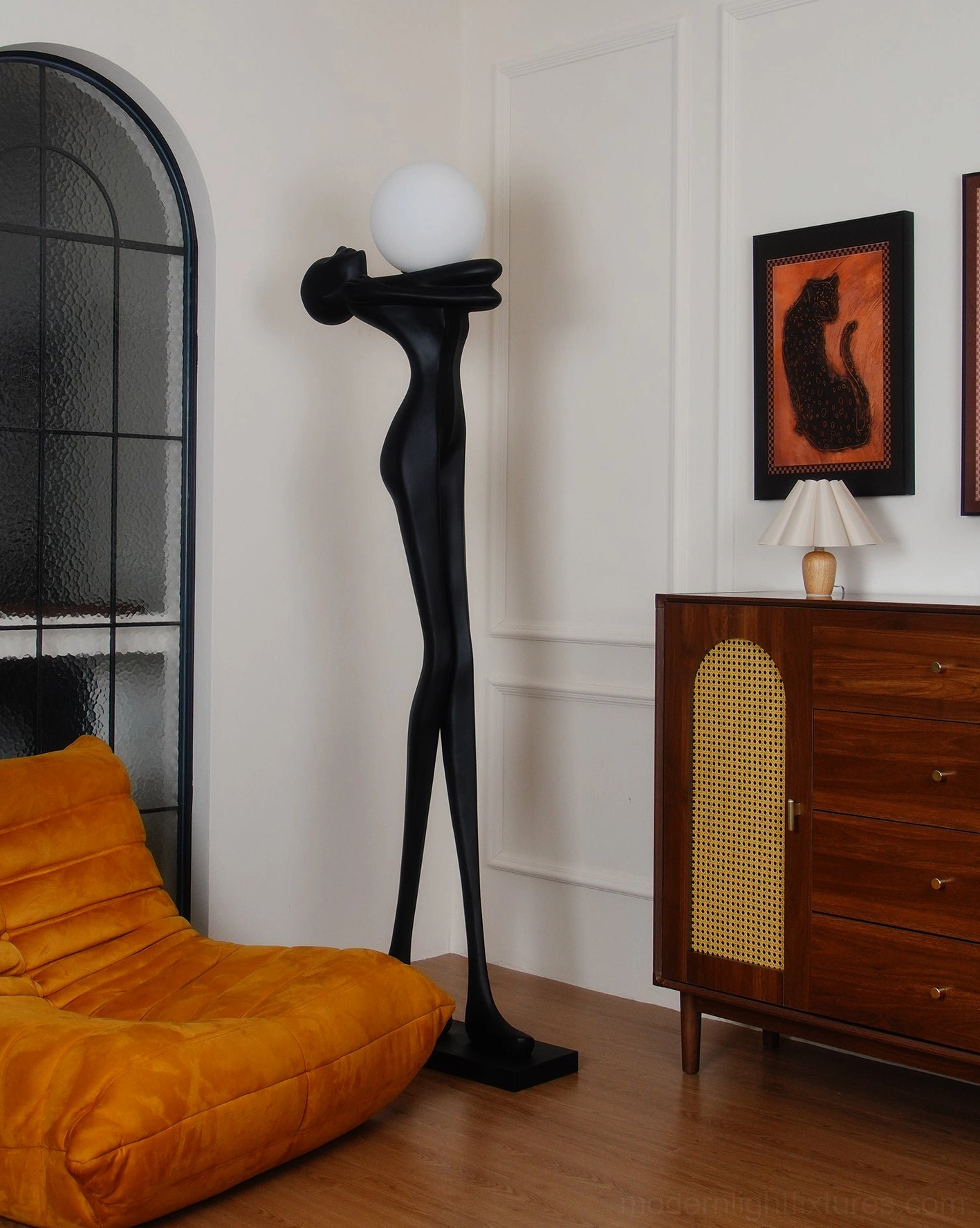 Abstract human figure floor lamp, soft diffused lighting from frosted sphere, modern art aesthetic