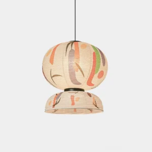Formakami abstract hand-painted paper pendant lamp front view showing double-tier spherical design with multicolor artistic patterns on white background