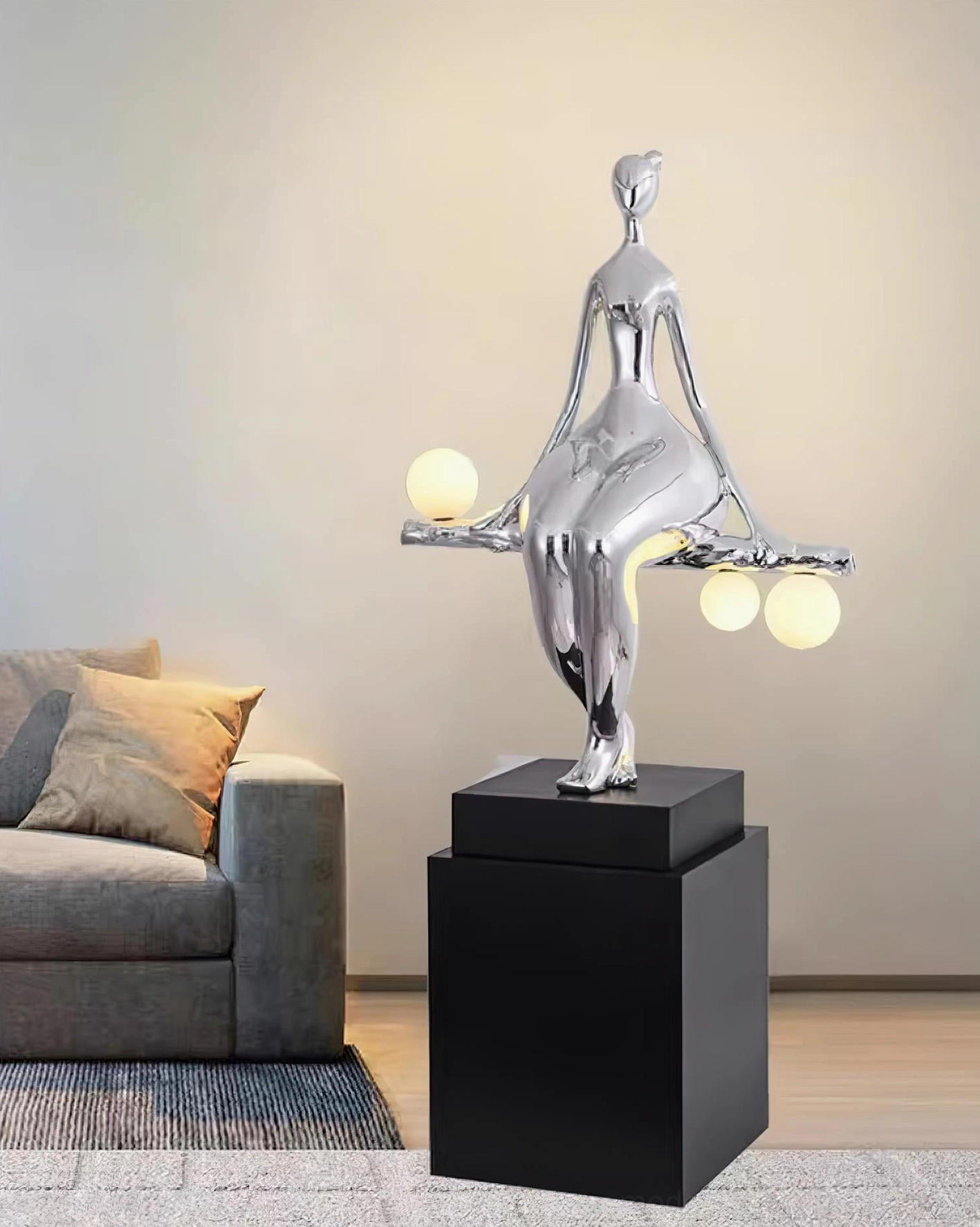 Abstract human sculpture floor lamp available in black matte, gold polished, silver glossy, and white finishes