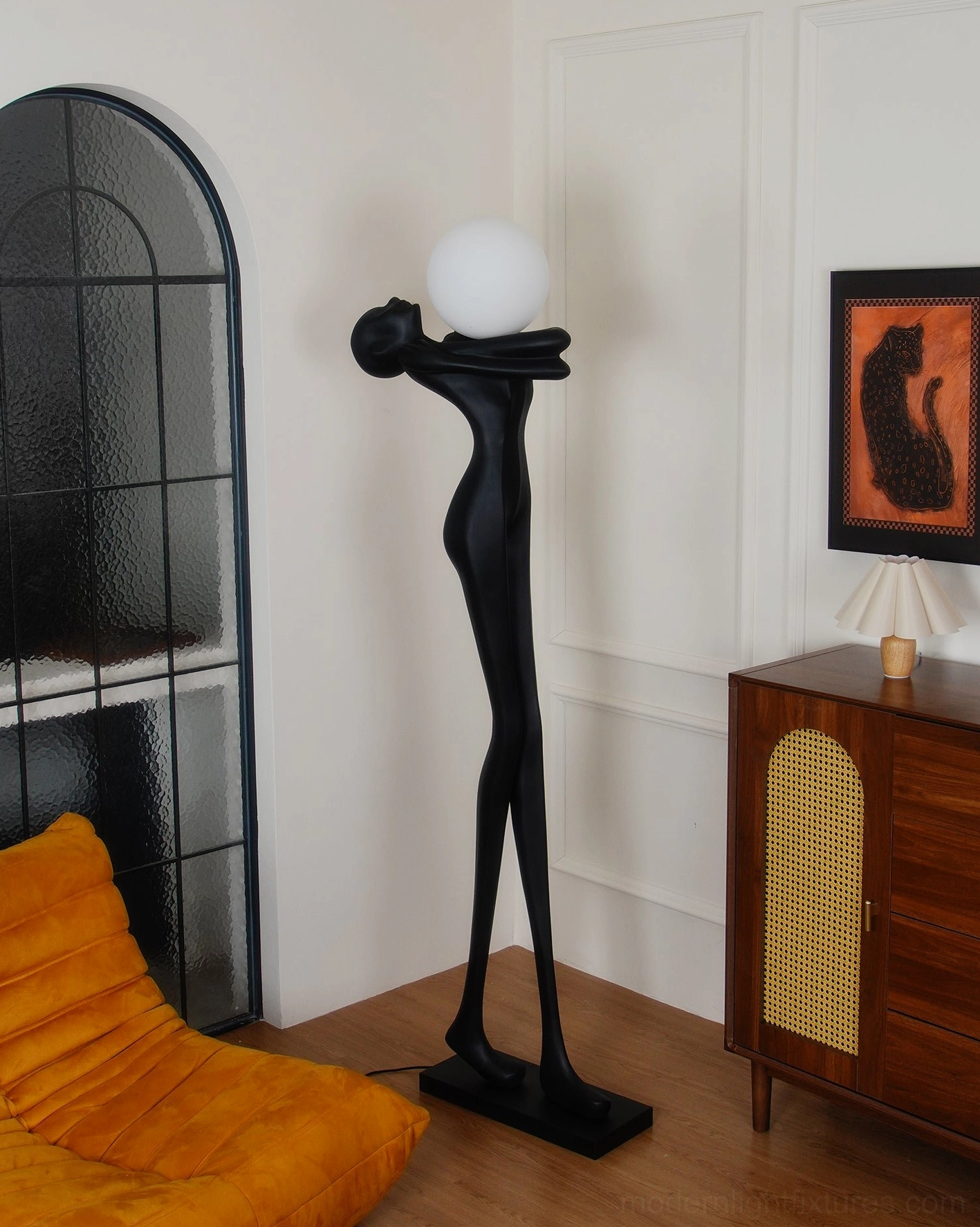 Abstract sculpture floor lamp modern home, human form artistic design, minimalist aesthetic lighting